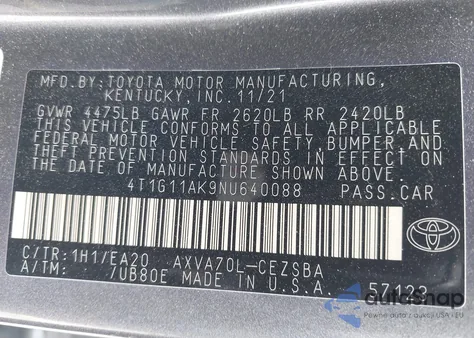2022 Toyota Camry Se from USA, damaged, VIN 4T1G11AK9NU640088